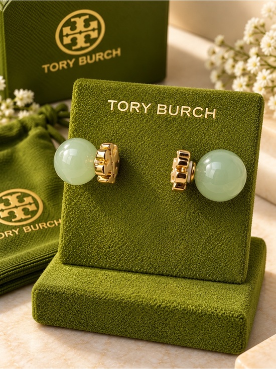 Tory Burch Jewelry - Tory Burch Gold-Tone Logo Stud Earrings with Pale Green Orb reversible